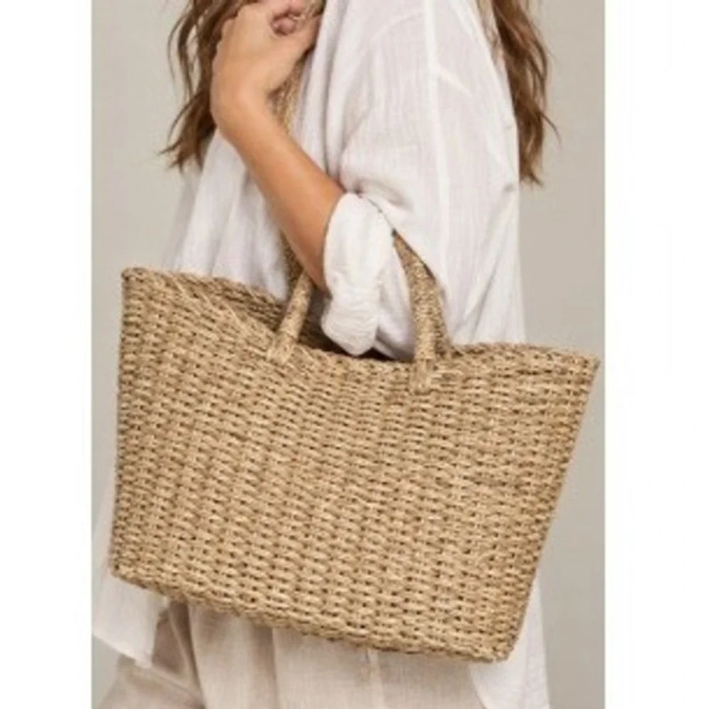 Women's Natural Tan Woven Straw Tote Bag Beach Shopper Boho Basket Purse Large